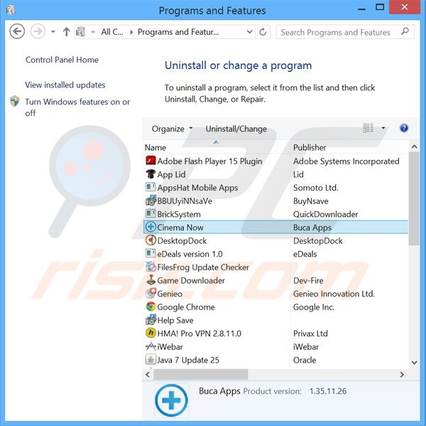 Deinstalacja adware cinema now poprzez Panel sterowania