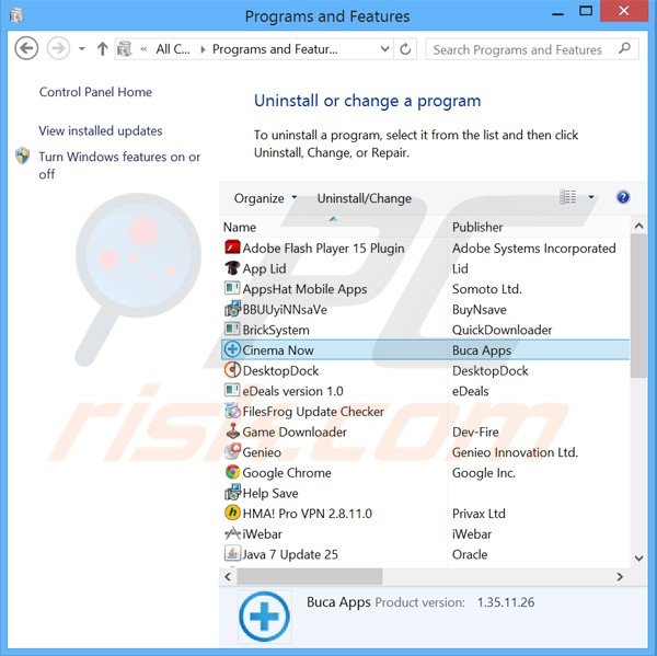 Deinstalacja adware cinema now poprzez Panel sterowania