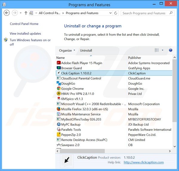 Deinstalacja adware Click Caption poprzez Panel sterowania