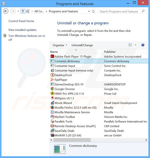 Deinstalacja adware common dictionary poprzez Panel sterowania