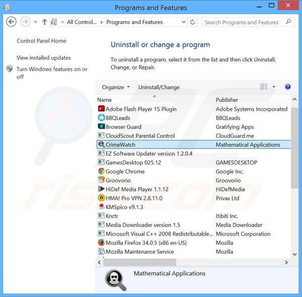 Deinstalacja adware crimewatch poprzez Panel sterowania