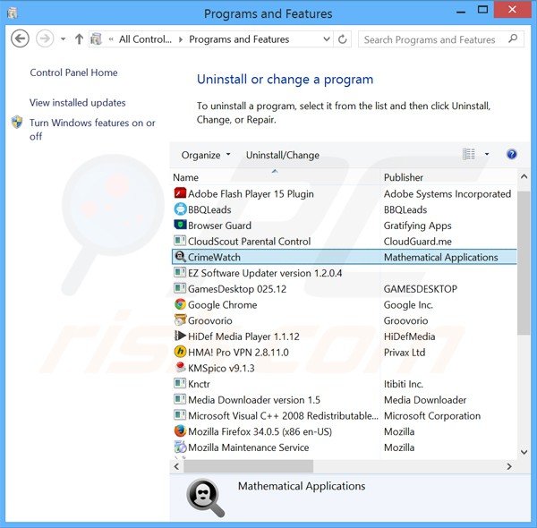 Deinstalacja adware crimewatch poprzez Panel sterowania