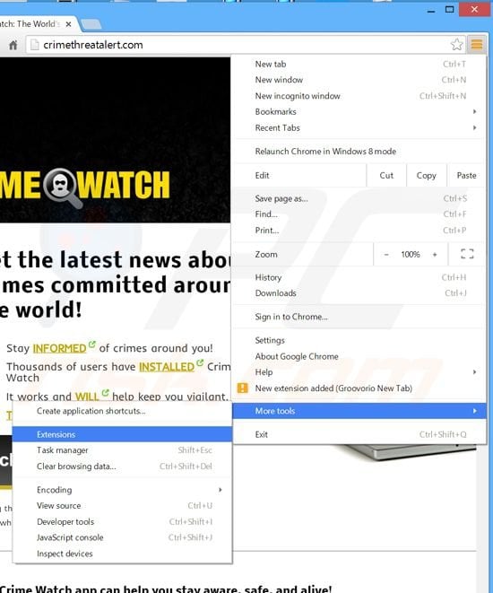 Usuwanie reklam Crime Watch z Google Chrome krok 1