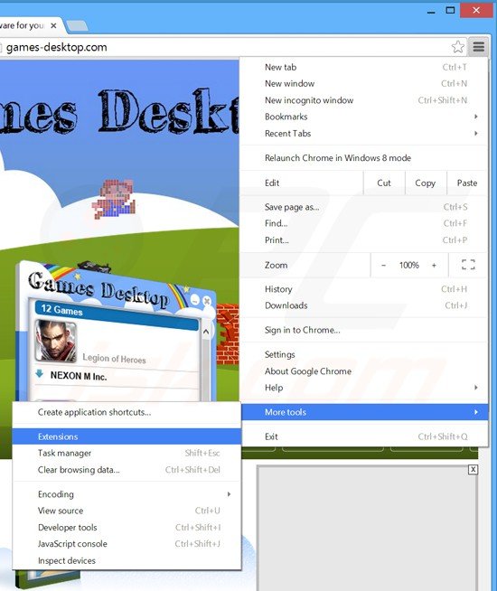 Usuwanie powiązanych rozszerzeń games desktop z Google Chrome krok 1