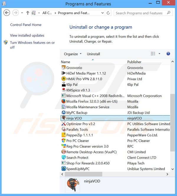 Deinstalacja adware ninjavod poprzez Panel sterowania