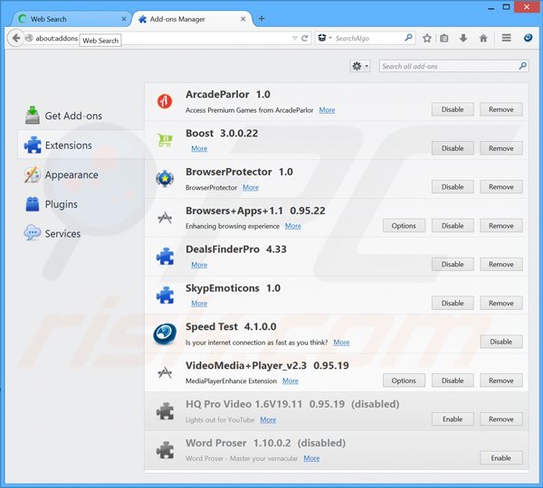 Usuwanie powiązanych rozszerzeń Searchalgo.com z Mozilla Firefox