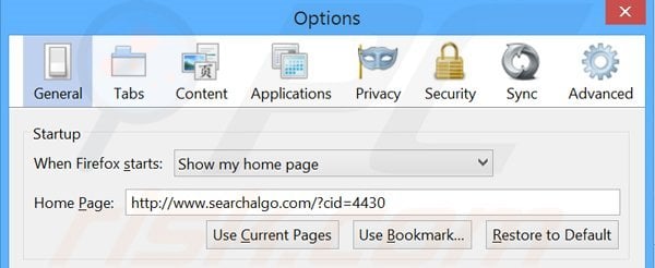 Usuwanie Searchalgo.com ze strony domowej Mozilla Firefox