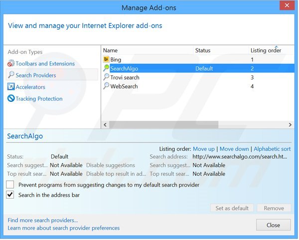 Usuwanie Searchalgo.com z domyślnej wyszukiwarki Internet Explorer