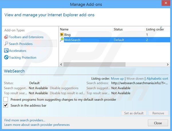 Usuwanie websearch.searchmania.info z domyślnej wyszukiwarki Internet Explorer