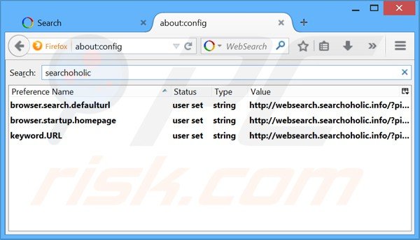 Usuwanie searchoholic z ustawień domyślnej wyszukiwarki Mozilla Firefox