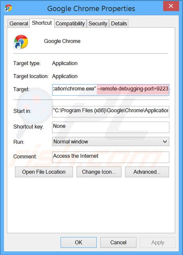Usuwanie wpisów showpass smartbar ze skrótu docelowego Google Chrome krok 2