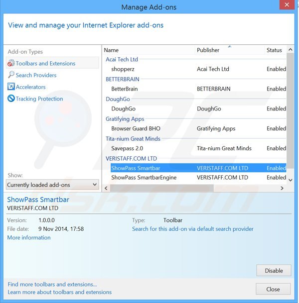 Usuwanie powiązanych rozszerzeń showpass smartbar z Internet Explorer