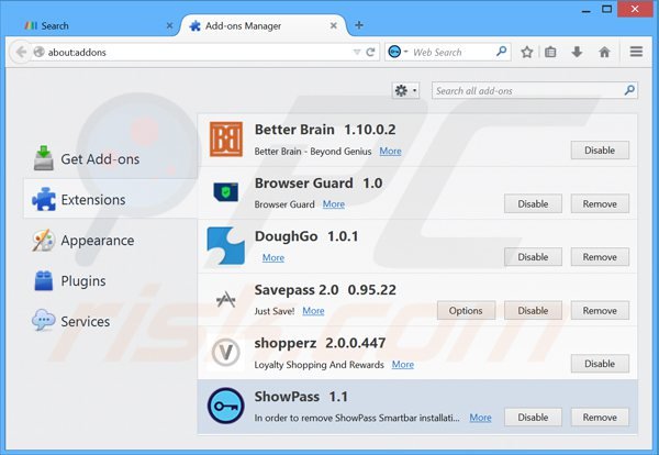Usuwanie powiązanych rozszerzeń showpass smartbar z Mozilla Firefox