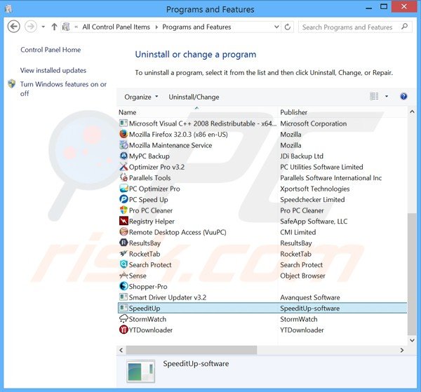 Deinstalacja adware speeditup poprzez Panel sterowania