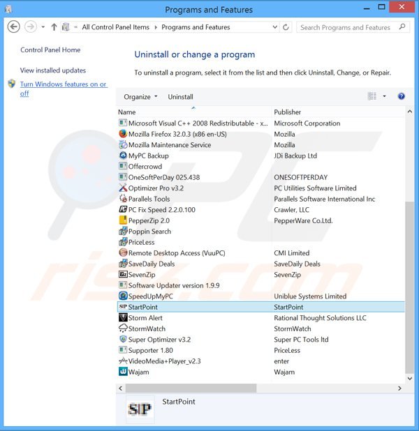 Deinstalacja porywacza przeglądarki search.strtpoint.com poprzez Panel sterowania