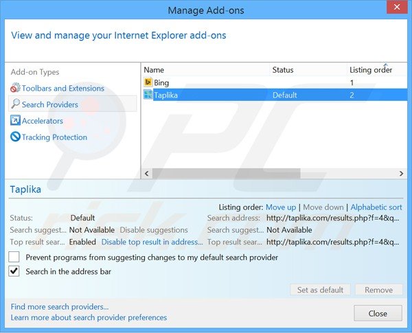 Usuwanie taplika.com z domyślnej wyszukiwarki Internet Explorer