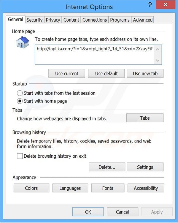 Usuwanie taplika.com ze strony domowej Internet Explorer