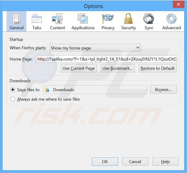 Usuwanie taplika.com ze strony domowej Mozilla Firefox