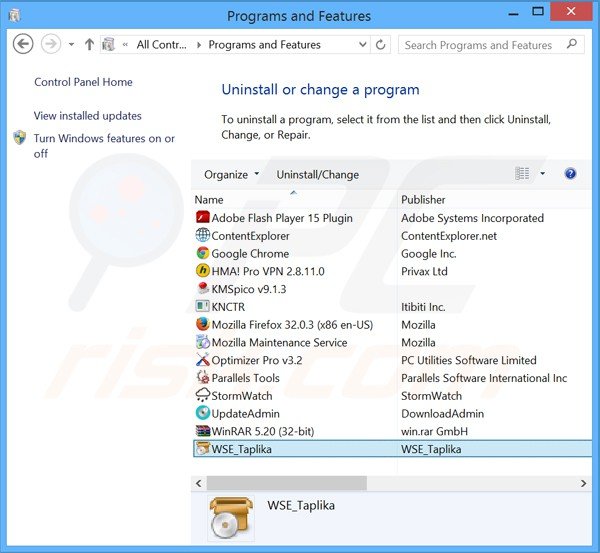 Deinstalacja porywacza przeglądarki taplika.com poprzez Panel sterowania