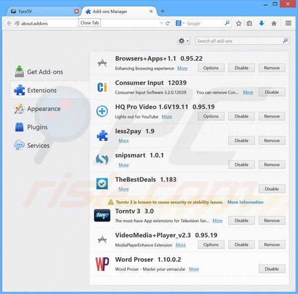 Usuwanie reklam TornPlusTV z Mozilla Firefox krok 2