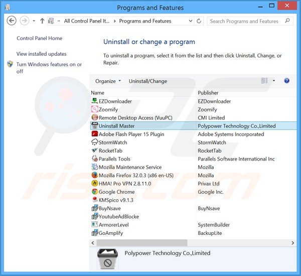 Deinstalacja porywacza przeglądarki Uninstall Master poprzez Panel sterowania
