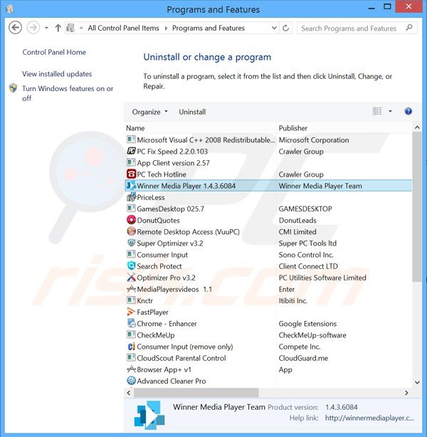 Deinstalacja adware Winner Media Player poprzez Panel sterowania