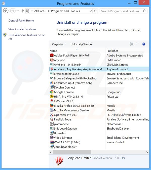 AnySend adware uninstall via Control Panel