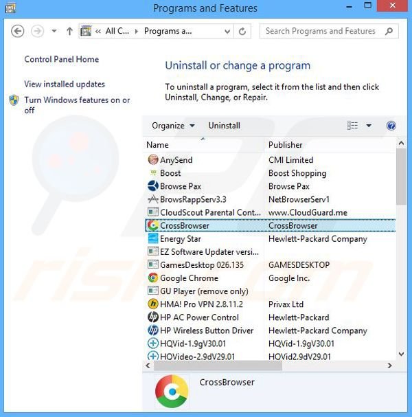 CrossBrowser adware uninstall via Control Panel