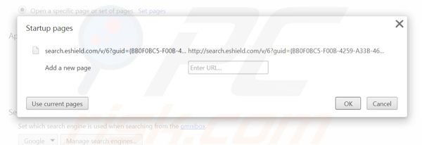 Removing search.eshield.com from Google Chrome homepage