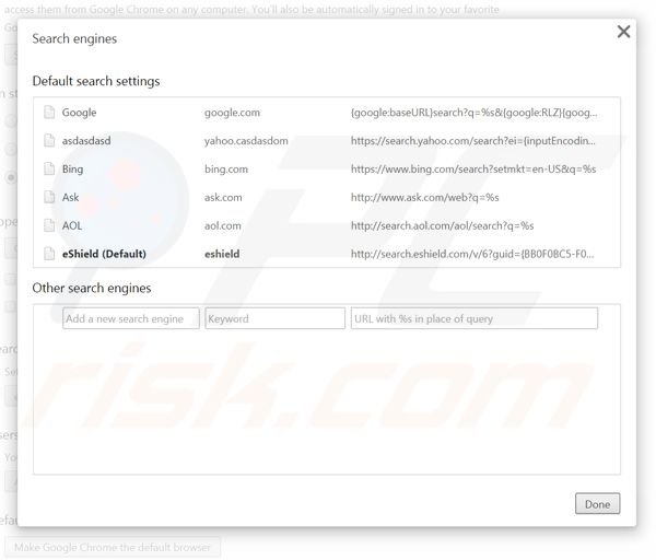 Removing search.eshield.com from Google Chrome default search engine