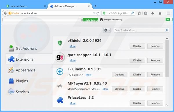 Removing search.eshield.com related Mozilla Firefox extensions