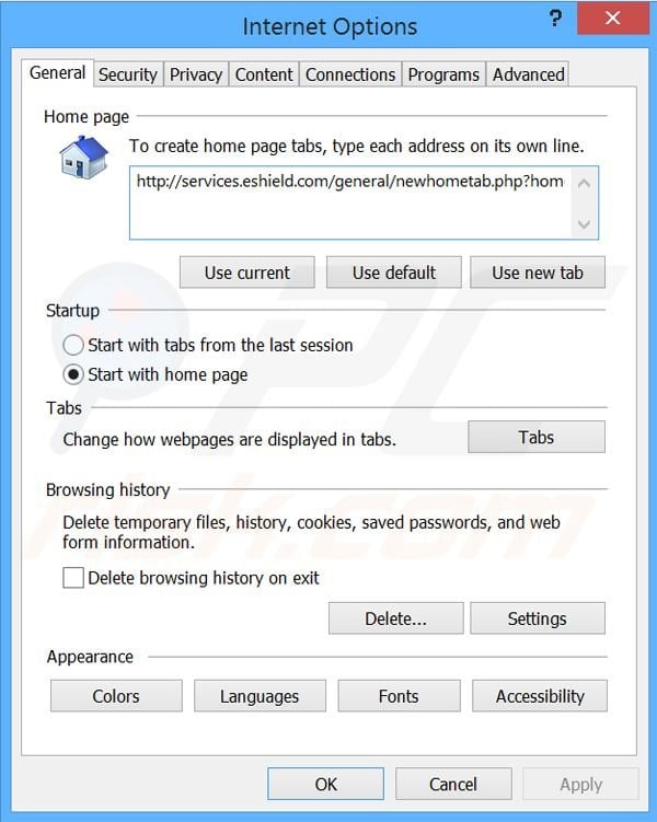 Removing search.eshield.com from Internet Explorer homepage