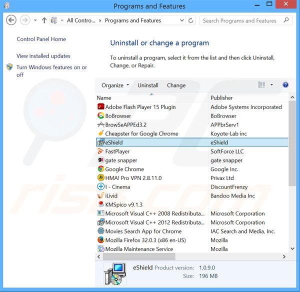 search.eshield.com browser hijacker uninstall via Control Panel