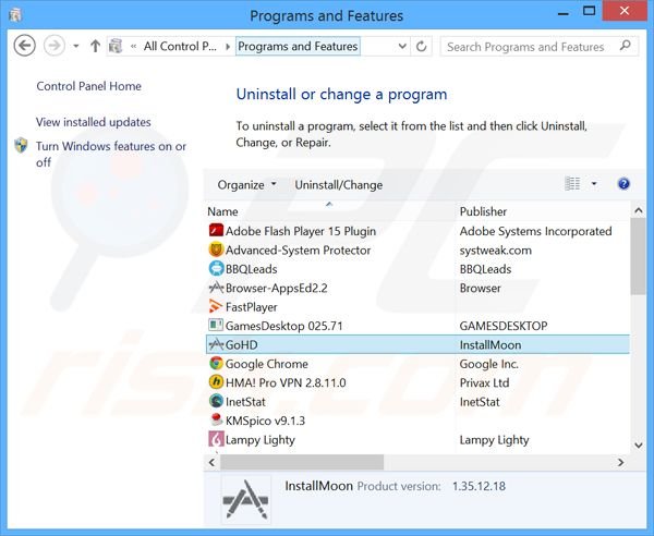 GoHD adware uninstall via Control Panel