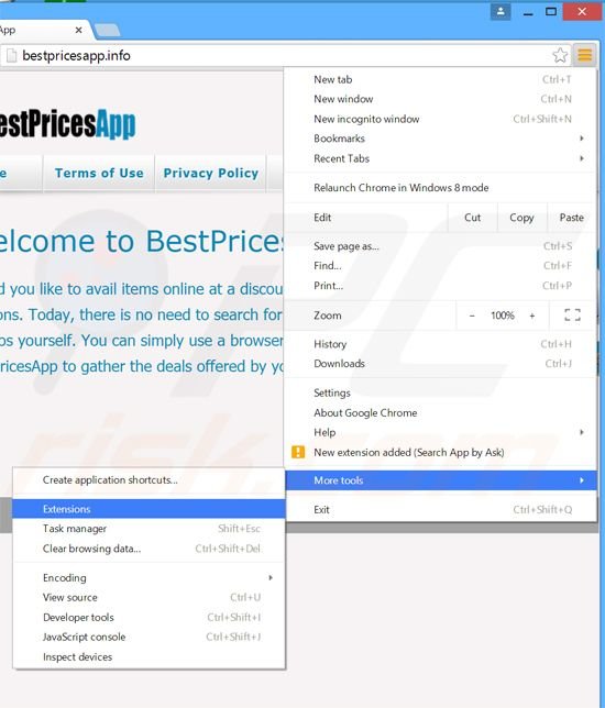 Removing BestPricesApp  ads from Google Chrome step 1