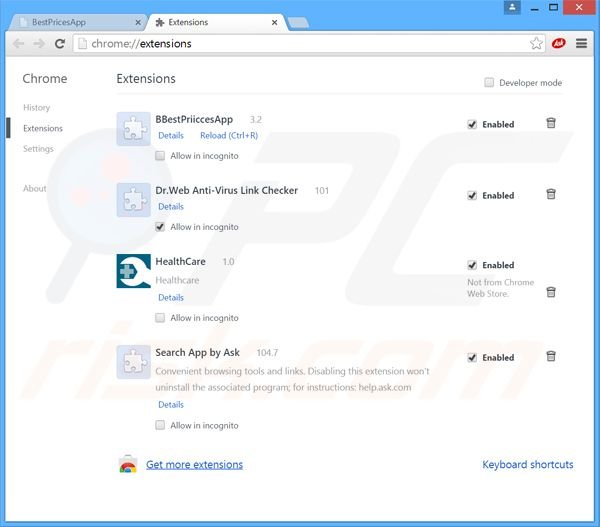 Removing BestPricesApp ads from Google Chrome step 2