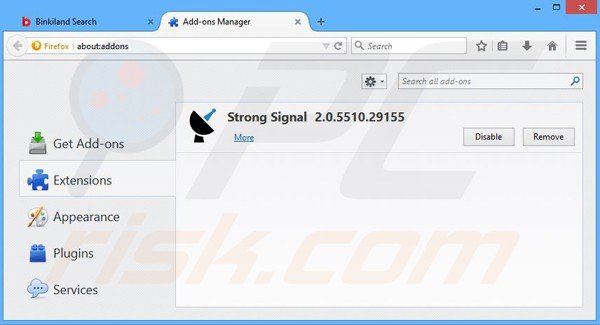 Removing binkiland.com from Mozilla Firefox extensions