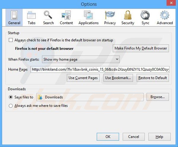 Removing binkiland.com from Mozilla Firefox homepage