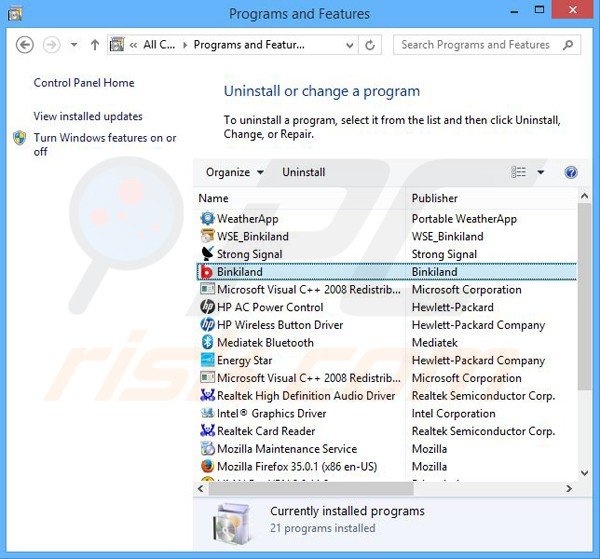 binkiland.com browser hijacker uninstall via Control Panel