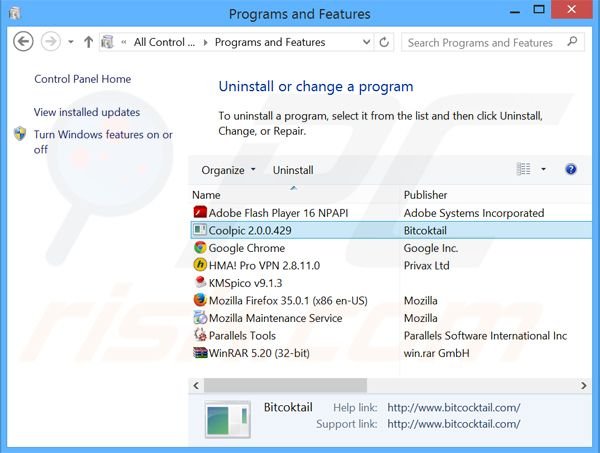 Coolpic adware uninstall via Control Panel
