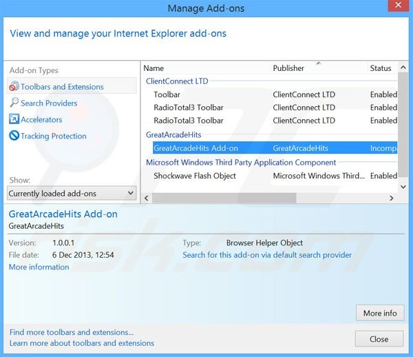 Removing GreatArcadeHits ads from Internet Explorer step 2