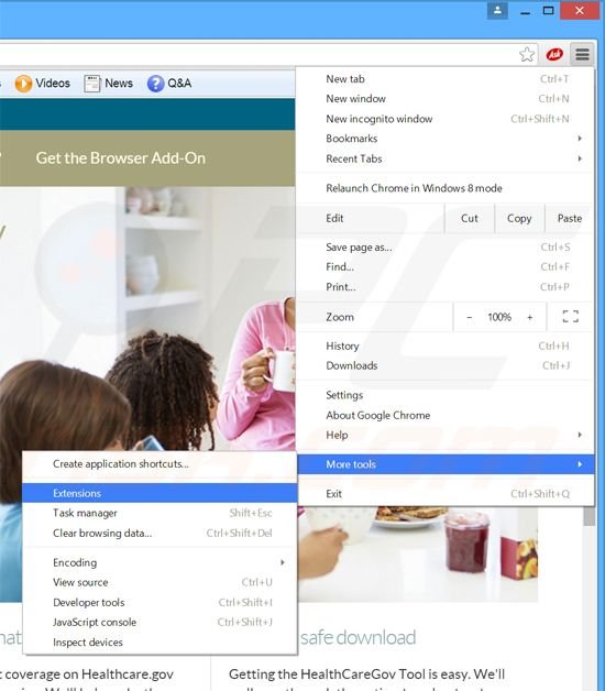 Removing Healthcare Gov Tool  ads from Google Chrome step 1