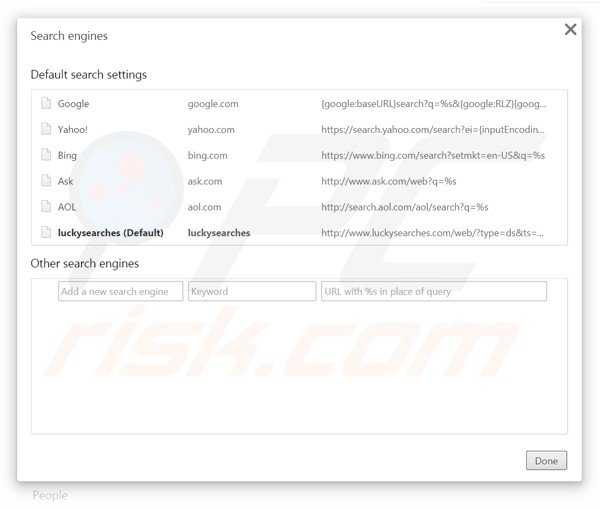 Removing luckysearches.com from Google Chorme default search engine