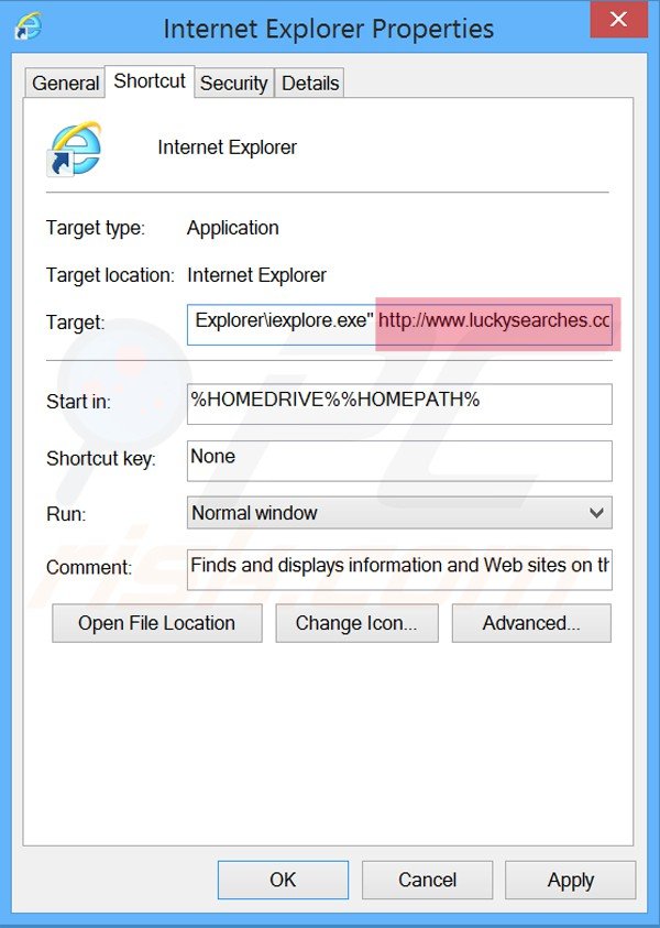 Removing luckysearches.com from Internet Explorer shortcut target step 2