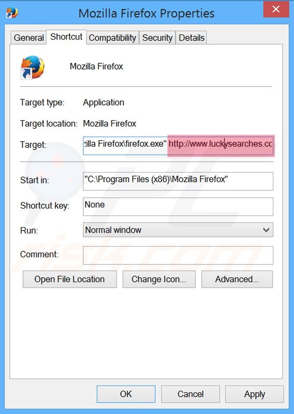 Removing luckysearches.com from Mozilla Firefox shortcut target step 2