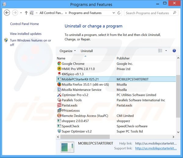 MobilePCStarterKit adware uninstall via Control Panel