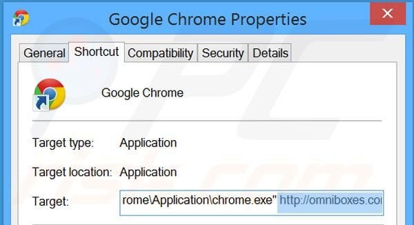 Removing omniboxes.com from Google Chrome shortcut target step 2
