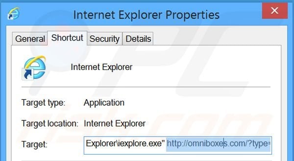 Removing omniboxes.com from Internet Explorer shortcut target step 2