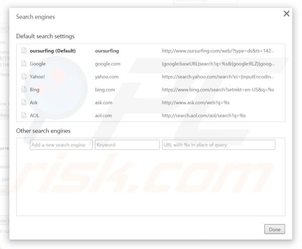 Removing oursurfing.com from Google Chrome default search engine