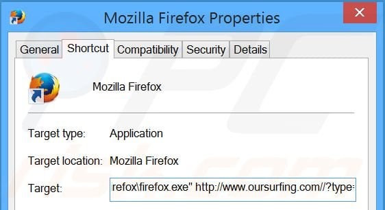 Removing oursurfing.com from Mozilla Firefox shortcut target step 2